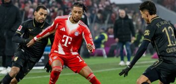 Alexis Claude-Maurice FC Augsburg, 20 und Dimitris Giannoulis FC Augsburg, 13 gegen Michael Olise FC Bayern Muenchen, 17 GER, FC Bayern Muenchen vs. FC Augsburg, Fussball, Bundesliga, 19. Spieltag, Spielzeit 2025/2026, 24.01.2026. DFL DFB REGULATIONS PROHIBIT ANY USE OF PHOTOGRAPHS as IMAGE SEQUENCES and or QUASI-VIDEO. GER, FC Bayern Muenchen vs. FC Augsburg, Fussball, Bundesliga, 19. Spieltag, Spielzeit 2025/2026, 24.01.2026. Muenchen *** Alexis Claude Maurice FC Augsburg, 20 and Dimitris Giannoulis FC Augsburg, 13 vs Michael Olise FC Bayern Muenchen, 17 GER, FC Bayern Muenchen vs FC Augsburg, Football, Bundesliga, Matchday 19, Season 2025 2026, 24 01 2026 DFL DFB REGULATIONS PROHIBIT ANY USE OF PHOTOGRAPHS as IMAGE SEQUENCES and or QUASI VIDEO GER, FC Bayern Muenchen vs FC Augsburg, Football, Bundesliga, Matchday 19, Season 2025 2026, 24 01 2026 Muenchen Copyright: xEibner-Pressefoto/HeikexFeinerx EP_HFR