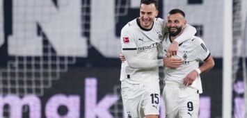 MOENCHENGLADBACH, GERMANY - NOVEMBER 28: Haris Tabakovic of Borussia Monchengladbach and Franck Honorat of Borussia Monchengladbach celebrate a disallowed goal during the Bundesliga match between Borussia Monchengladbach and RB Leipzig at Borussia-Park on November 28, 2025 in Moenchengladbach, Germany. Photo by Rene Nijhuis SPO PUBLICATIONxINxGERxSUIxAUTxONLY Copyright: xRenexNijhuis/MBxMediax