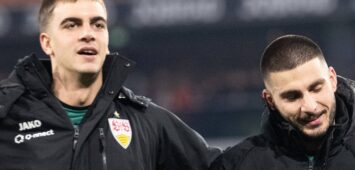 Nach Spielende Schlussjubel, freude bei Jovan Milosevic VfB Stuttgart, 19, Deniz Undav VfB Stuttgart 26, Mahmoud Dahoud VfB Stuttgart, 05 SC Freiburg vs. VfB Stuttgart, Fussball, Herren, 1. Bundesliga, 20. Spieltag, Saison 23/24, GER, 03.02.2024, DFL/DFB REGULATIONS PROHIBIT ANY USE OF PHOTOGRAPHS AS IMAGE SEQUENCES AND/OR QUASI-VIDEO, SC Freiburg vs. VfB Stuttgart, Fussball, Herren, 1. Bundesliga, 20. Spieltag, Saison 23/24, GER, 03.02.2024 Freiburg *** Jovan Milosevic VfB Stuttgart, 19 , Deniz Undav VfB Stuttgart 26 , Mahmoud Dahoud VfB Stuttgart, 05 SC Freiburg vs VfB Stuttgart, Football, Men, 1 Bundesliga, 20 Matchday, Season 23 24, GER, 03 02 2024, DFL DFB REGULATES PROHIBIT ANY USE OF PHOTOGRAPHS AS IMAGE SEQUENCES AND OR QUASI VIDEO, SC Freiburg vs VfB Stuttgart, Football, Men, 1 Bundesliga, Matchday 20, Season 23 24, GER, 03 02 2024 Freiburg Copyright: xEibner-Pressefoto/WolfgangxFrankx EP_WFK