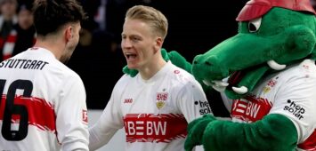 18.01.26 VfB Stuttgart - 1. FC Union Berlin Deutschland, Stuttgart, 18.01.2026, Fussball, Bundesliga, Saison 2025/2026, VfB Stuttgart - 1. FC Union Berlin: Jubel VfB: Chris Führich, Mitte, links Atakan Karazor, rechts VfB Maskottchen Fritzle. *** 18 01 26 VfB Stuttgart 1 FC Union Berlin Germany, Stuttgart, 18 01 2026, Football, Bundesliga, Season 2025 2026, VfB Stuttgart 1 FC Union Berlin Cheering VfB Chris Führich, center, left Atakan Karazor, right VfB mascot Fritzle