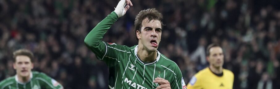 Jovan Milosevic Werder Bremen bejubelt seinen Treffer zum 3:2, Bundesliga, SV Werder Bremen v Eintracht Frankfurt, Weserstadion am 16. January 2026 in Bremen, Deutschland. Foto von Marco Steinbrenner/DeFodi Images Jovan Milosevic Werder Bremen celebrates after scoring his teams third goal, Bundesliga, SV Werder Bremen v Eintracht Frankfurt, Weserstadion, January 16, 2026 in Bremen, Germany. Photo by Marco Steinbrenner/DeFodi Images DFL regulations prohibit any use of photographs as image sequences and/or quasi-video. - *** Jovan Milosevic Werder Bremen celebrates his goal for 3 2, Bundesliga, SV Werder Bremen v Eintracht Frankfurt, Weserstadion, January 16, 2026 in Bremen, Germany Photo by Marco Steinbrenner DeFodi Images Jovan Milosevic Werder Bremen celebrates after scoring his teams third goal, Bundesliga, SV Werder Bremen v Eintracht Frankfurt, Weserstadion, January 16, 2026 in Bremen, Germany Photo by Marco Steinbrenner DeFodi Images DFL regulations prohibit any use of photographs as image sequences and or quasi video