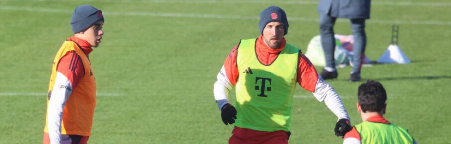 Wieder zusammen auf dem Trainingsplatz des FC Bayern München: Harry Kane und Jamal Musiala
