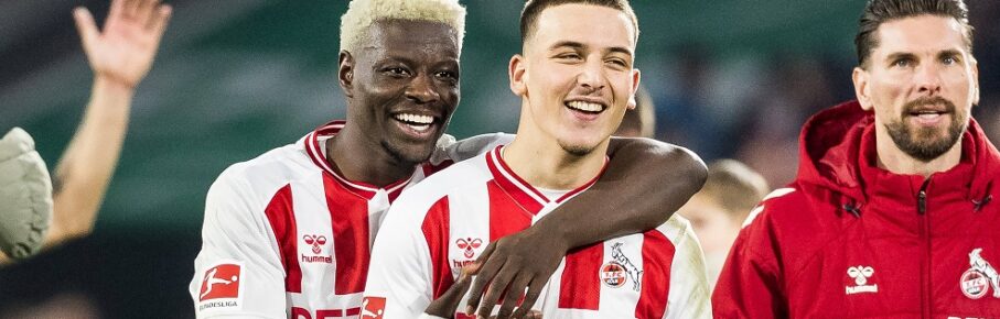 KOELN, GERMANY - JANUARY 17: Ragnar Ache 1. FC Koeln, 9 hugs Said El Mala 1. FC Koeln, 13 smiling after winning the Bundesliga match between 1. FC Koeln vs. 1. FSV Mainz 05 at Rheinenergie Stadion on matchday 18 of the 1. Bundesliga on January 17, 2026 in Koeln, Germany. DFL REGULATIONS PROHIBIT ANY USE OF PHOTOGRAPHS AS IMAGE SEQUENCES AND/OR QUASI-VIDEO. North Rhine Westphalia Germany Copyright: xSteffiexWunderlx