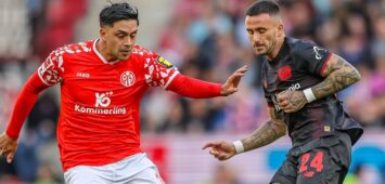 DEU, Mainz, FSV Mainz 05 vs Bayer Leverkusen, Bundesliga, DFB, MEWA Arena, 7. Spieltag, im Bild v.l.n.r: Nadiem Amiri Mainz 05 10, Aleix Garcia Bayer Leverkusen 24 DFB/DFL REGULATIONS PROHIBIT ANY USE OF PHOTOGRAPHS AS IMAGE SEQUENCES AND/OR QUASI-VIDEO, 18.10.2025 *** DEU, Mainz, FSV Mainz 05 vs Bayer Leverkusen, Bundesliga, DFB, MEWA Arena, Matchday 7, pictured f l n r Nadiem Amiri Mainz 05 10 , Aleix Garcia Bayer Leverkusen 24 DFB DFL REGULATIONS PROHIBIT ANY USE OF PHOTOGRAPHS AS IMAGE SEQUENCES AND OR QUASI VIDEO, 18 10 2025 Copyright: HMBxMedia/HendrikxHamelau