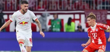 Bayern Muenchen - RB Leipzig / Bundesliga München, 22.08.2025, Allianz-Arena, Fußball Bundesliga, Spieltag 1 , FC Bayern Muenchen vs. RB Leipzig 6:0 3:0 , Im Bild v.l.: Romulo 40, RB Leipzig und Lennart Karl 42, Bayern , *** Bayern Muenchen RB Leipzig Bundesliga Munich, 22 08 2025, Allianz Arena, Soccer Bundesliga, Matchday 1 , FC Bayern Muenchen vs RB Leipzig 6 0 3 0 , In the picture from l Romulo 40, RB Leipzig and Lennart Karl 42, Bayern , Picture Point