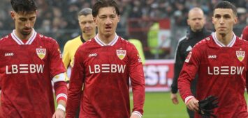 Hamburg , Fußball Bundesliga Fußball FC St. Pauli vs. VfB Stuttgart , von links: Atakan Karazor / Angelo Stiller / Bilal El Khannouss  VfB  *** Hamburg , Bundesliga soccer FC St Pauli vs VfB Stuttgart , from left Atakan Karazor Angelo Stiller Bilal El Khannouss VfB