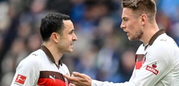 Manolis Saliakas FC St. Pauli und Hauke Wahl FC St. Pauli gestikuliert, gestik waehrend des spiels der Bundesliga zwischen TSG Hoffenheim und FC St. Pauli, PreZero Arena am 28. February 2026 in Sinsheim, Deutschland. Foto von Harry Langer/DeFodi Images  Manolis Saliakas FC St. Pauli und Hauke Wahl FC St. Pauli gestures during the Bundesliga match between TSG Hoffenheim and FC St. Pauli at PreZero Arena on February 28, 2026 in Sinsheim, Germany. Photo by Harry Langer/DeFodi Images DFL regulations prohibit any use of photographs as image sequences and/or quasi-video. Photo by Harry Langer/DeFodi Images DFL regulations prohibit any use of photographs as image sequences and/or quasi-video. - *** Manolis Saliakas FC St Pauli and Hauke Wahl FC St Pauli gestures, gestures during the Bundesliga match between TSG Hoffenheim and FC St Pauli, PreZero Arena on February 28 2026 in Sinsheim, Germany Photo by Harry Langer DeFodi Images Manolis Saliakas FC St Pauli and Hauke Wahl FC St Pauli gestures during the Bundesliga match between TSG Hoffenheim and FC St Pauli at PreZero Arena on February 28, 2026 in Sinsheim, Germany Photo by Harry Langer DeFodi Images DFL regulations prohibit any use of photographs as image sequences and or quasi video Photo by Harry Langer DeFodi Images DFL regulations prohibit any use of photographs as image sequences and or quasi video