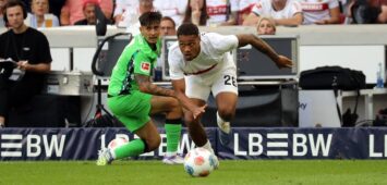 30.08.25 VfB Stuttgart - Borussia Mönchengladbach Deutschland, Stuttgart, 30.08.2025, Fussball, Bundesliga, VfB Stuttgart - Borussia Mönchengladbach 1:0: v.l. Jens Castrop Borussia Mönchengladbach, Nikolas Nartey VfB Stuttgart. *** 30 08 25 VfB Stuttgart Borussia Mönchengladbach Germany, Stuttgart, 30 08 2025, Football, Bundesliga, VfB Stuttgart Borussia Mönchengladbach 1 0 v l Jens Castrop Borussia Mönchengladbach , Nikolas Nartey VfB Stuttgart