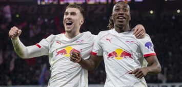 GER, Leipzig, Fußball, DFL Bundesliga, 27. Spieltag, RB Leipzig vs. TSG 1899 Hoffenheim im Bild v.l.: Brajan Gruda RB Leipzig 10, Yan Diomande RB Leipzig 49, Torjubel, 20.03.2025, Red-Bull Arena Leipzig DFL/DFB REGULATIONS PROHIBIT ANY USE OF PHOTOGRAPHS AS IMAGE SEQUENCES AND/OR QUASI-VIDEO, *** GER, Leipzig, Football, DFL Bundesliga, Matchday 27, RB Leipzig vs TSG 1899 Hoffenheim pictured from l Brajan Gruda RB Leipzig 10 , Yan Diomande RB Leipzig 49 , Goal celebration, 20 03 2025, Red Bull Arena Leipzig DFL DFB REGULATIONS PROHIBIT ANY USE OF PHOTOGRAPHS AS IMAGE SEQUENCES AND OR QUASI VIDEO, Copyright: HMBxMedia/PaulxFritz