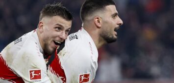 Torjubel bei Deniz Undav VfB Stuttgart, 26 nach seinem Tor zum 3:1, mit Ermedin Demirovic VfB Stuttgart, 09 , Deutschland, Fussball, 1. Bundesliga, 22.Spieltag, 2025/2026, VfB Stuttgart vs. 1.FC Köln, 14.02.2026, Stuttgart MHP Arena Deutschland *** Goal celebration for Deniz Undav VfB Stuttgart, 26 after his goal for 3 1, with Ermedin Demirovic VfB Stuttgart, 09 , Germany, Soccer, 1 Bundesliga, 22 Matchday, 2025 2026, VfB Stuttgart vs 1 FC Köln, 14 02 2026, Stuttgart MHP Arena Germany Copyright: xGrantxHubbsx