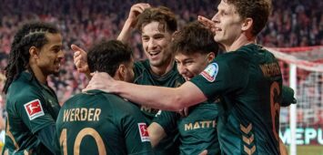 Fußball, Herren, Saison 2025/2026, 1. Bundesliga 25. Spieltag, 1. FC Union Berlin - SV Werder Bremen, v.l. Isaac Schmidt Bremen, Leonardo Bittencourt Bremen, Olivier Deman Bremen, Patrice Covic Bremen, Jens Stage Bremen, Jubel nach Tor zum 1:4, 08.03.2026, *** Soccer, Men, Season 2025 2026, 1 Bundesliga 25 Matchday , 1 FC Union Berlin SV Werder Bremen, f l Isaac Schmidt Bremen , Leonardo Bittencourt Bremen , Olivier Deman Bremen , Patrice Covic Bremen , Jens Stage Bremen , Cheering after goal to 1 4, 08 03 2026, Copyright: xSebastianxRäppold/MatthiasxKochx