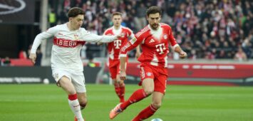 Angelo Stiller vom VfB Stuttgart und Leon Goretzka vom FC Bayern