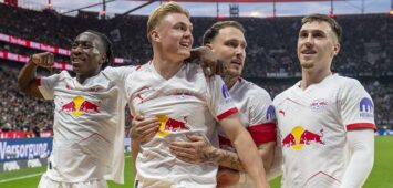 18.04.2026, xfux, Fussball 1.Bundesliga, Eintracht Frankfurt - RB Leipzig, v.l. Yan Diomande RB Leipzig, Torschuetze / Torschütze Conrad Harder RB Leipzig, David Raum RB Leipzig, Brajan Gruda RB Leipzig Torjubel, Jubel, Goal celebration, celebrate the goal zum 1:3 jubelnd / bejubelt / jubelt / jubeln / Jubel DFL/DFB REGULATIONS PROHIBIT ANY USE OF PHOTOGRAPHS as IMAGE SEQUENCES and/or QUASI-VIDEO Frankfurt am Main *** 18 04 2026, xfux, Fußball 1 Bundesliga, Eintracht Frankfurt RB Leipzig, v l Yan Diomande RB Leipzig , Torschuetze Torschütze Conrad Harder RB Leipzig , David Raum RB Leipzig , Brajan Gruda RB Leipzig Torjubel, Jubel, Goal celebration, celebrate the goal zum 1 3 jubelnd bejubelt jubeln jubel DFL DFB REGULATIONS PROHIBIT ANY USE OF PHOTOGRAPHS as IMAGE SEQUENCES and or QUASI VIDEO Frankfurt am Main