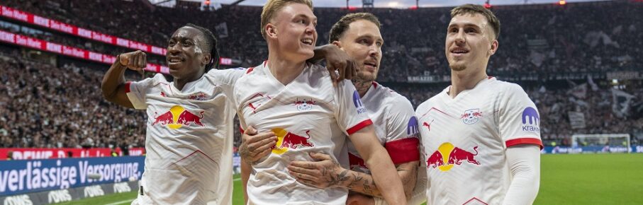 18.04.2026, xfux, Fussball 1.Bundesliga, Eintracht Frankfurt - RB Leipzig, v.l. Yan Diomande RB Leipzig, Torschuetze / Torschütze Conrad Harder RB Leipzig, David Raum RB Leipzig, Brajan Gruda RB Leipzig Torjubel, Jubel, Goal celebration, celebrate the goal zum 1:3 jubelnd / bejubelt / jubelt / jubeln / Jubel DFL/DFB REGULATIONS PROHIBIT ANY USE OF PHOTOGRAPHS as IMAGE SEQUENCES and/or QUASI-VIDEO Frankfurt am Main *** 18 04 2026, xfux, Fußball 1 Bundesliga, Eintracht Frankfurt RB Leipzig, v l Yan Diomande RB Leipzig , Torschuetze Torschütze Conrad Harder RB Leipzig , David Raum RB Leipzig , Brajan Gruda RB Leipzig Torjubel, Jubel, Goal celebration, celebrate the goal zum 1 3 jubelnd bejubelt jubeln jubel DFL DFB REGULATIONS PROHIBIT ANY USE OF PHOTOGRAPHS as IMAGE SEQUENCES and or QUASI VIDEO Frankfurt am Main