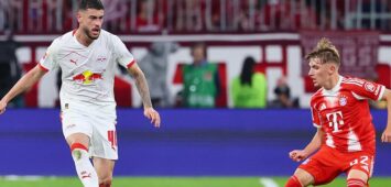 Bayern Muenchen - RB Leipzig / Bundesliga München, 22.08.2025, Allianz-Arena, Fußball Bundesliga, Spieltag 1 , FC Bayern Muenchen vs. RB Leipzig 6:0 3:0 , Im Bild v.l.: Romulo 40, RB Leipzig und Lennart Karl 42, Bayern , *** Bayern Muenchen RB Leipzig Bundesliga Munich, 22 08 2025, Allianz Arena, Soccer Bundesliga, Matchday 1 , FC Bayern Muenchen vs RB Leipzig 6 0 3 0 , In the picture from l Romulo 40, RB Leipzig and Lennart Karl 42, Bayern , Picture Point