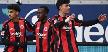 Arnaud KALIMUENDO F jubelt nach seinem Tor zum 1-0, mit Nathaniel BROWN F und Can UZUN F jubelnd, Jubel, Begeisterung, Freude, Emotion Fussball 1. Bundesliga Saison 2025/2026, 19.Spieltag, Spieltag19, matchday19, Eintracht Frankfurt F - TSG 1899 Hoffenheim 1899 1-3 am 24.01.2026 Deutsche Bank Park Frankfurt. DFL regulations prohibit any use of photographs as image sequences and/or quasi-video Â *** Arnaud KALIMUENDO F cheers after his goal for 1 0, with Nathaniel BROWN F and Can UZUN F cheering, jubilation, enthusiasm, joy, emotion Football 1 Bundesliga Season 2025 2026, 19 Matchday, Matchday19, matchday19, Eintracht Frankfurt F TSG 1899 Hoffenheim 1899 1 3 on 24 01 2026 Deutsche Bank Park Frankfurt DFL regulations prohibit any use of photographs as image sequences and or quasi video Â