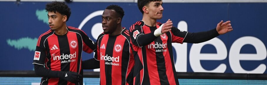 Arnaud KALIMUENDO F jubelt nach seinem Tor zum 1-0, mit Nathaniel BROWN F und Can UZUN F jubelnd, Jubel, Begeisterung, Freude, Emotion Fussball 1. Bundesliga Saison 2025/2026, 19.Spieltag, Spieltag19, matchday19, Eintracht Frankfurt F - TSG 1899 Hoffenheim 1899 1-3 am 24.01.2026 Deutsche Bank Park Frankfurt. DFL regulations prohibit any use of photographs as image sequences and/or quasi-video Â *** Arnaud KALIMUENDO F cheers after his goal for 1 0, with Nathaniel BROWN F and Can UZUN F cheering, jubilation, enthusiasm, joy, emotion Football 1 Bundesliga Season 2025 2026, 19 Matchday, Matchday19, matchday19, Eintracht Frankfurt F TSG 1899 Hoffenheim 1899 1 3 on 24 01 2026 Deutsche Bank Park Frankfurt DFL regulations prohibit any use of photographs as image sequences and or quasi video Â