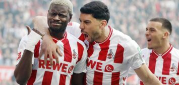 Köln, Deutschland, 1. Fussball Bundesliga Saison 2025 / 2026 27.Spieltag 1.FC Köln vs. Borussia Mönchengladbach 3:3 am 21. 03. 2026 in der Rhein Energie -Stadion in Köln Ragnar ACHE FC li.- hat das 2-1 erzielt und freut sich mit Cenk ÖZKACAR FC 2.v. re.- und Said EL MALA FC re.- *** Cologne, Germany, 1 Soccer Bundesliga Season 2025 2026 Matchday 27 1 FC Köln vs Borussia Mönchengladbach 3 3 on 21 03 2026 at Rhein Energie Stadion in Cologne Ragnar ACHE FC left has scored the 2 1 and is happy with Cenk ÖZKACAR FC 2 v right and Said EL MALA FC right