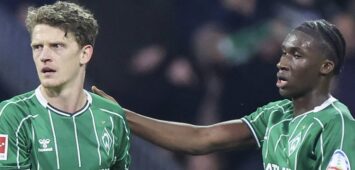 Jens Stage Werder Bremen bejubelt seinen Treffer zum 2:2 mit Karim Coulibaly Werder Bremen, Bundesliga, SV Werder Bremen v Eintracht Frankfurt, Weserstadion am 16. January 2026 in Bremen, Deutschland. Foto von Marco Steinbrenner/DeFodi Images Jens Stage Werder Bremen celebrates after scoring his teams second goal with Karim Coulibaly Werder Bremen, Bundesliga, SV Werder Bremen v Eintracht Frankfurt, Weserstadion, January 16, 2026 in Bremen, Germany. Photo by Marco Steinbrenner/DeFodi Images DFL regulations prohibit any use of photographs as image sequences and/or quasi-video. - *** Jens Stage Werder Bremen celebrates his teams second goal with Karim Coulibaly Werder Bremen , Bundesliga, SV Werder Bremen v Eintracht Frankfurt, Weserstadion, January 16, 2026 in Bremen, Germany Photo by Marco Steinbrenner DeFodi Images Jens Stage Werder Bremen celebrates after scoring his teams second goal with Karim Coulibaly Werder Bremen , Bundesliga, SV Werder Bremen v Eintracht Frankfurt, Weserstadion, January 16, 2026 in Bremen, Germany Photo by Marco Steinbrenner DeFodi Images DFL regulations prohibit any use of photographs as image sequences and or quasi video