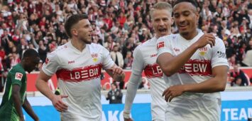 Stuttgart, Fußball Bundesliga, 20. Spieltag, VfB Stuttgart vs. VfL Wolfsburg, Jubel VfB , von links: Ermedin Demirovic / Chris Führich / Jamie Leweling  VfB  *** Stuttgart, Soccer Bundesliga, Matchday 20, VfB Stuttgart vs VfL Wolfsburg, VfB cheering, from left Ermedin Demirovic Chris Führich Jamie Leweling VfB