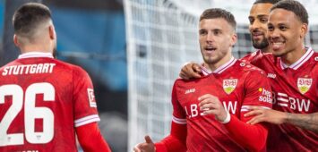 Torjubel, jubelt nach seinem Treffer zum 2:5 von Deniz Undav VfB Stuttgart, Ermedin Demirovic VfB Stuttgart, Josha Vagnoman VfB Stuttgart und Nikolas Nartey VfB Stuttgart v-l, FC Augsburg vs. VfB Stuttgart, Fussball, 1. Bundesliga, 27. Spieltag, 22.03.2026 DFB regulations prohibit any use of photographs as image sequences and/or quasi-video *** Goal celebration, cheers after his goal to 2 5 by Deniz Undav VfB Stuttgart , Ermedin Demirovic VfB Stuttgart , Josha Vagnoman VfB Stuttgart and Nikolas Nartey VfB Stuttgart v l, FC Augsburg vs VfB Stuttgart, Football, 1 Bundesliga, 27 Matchday, 22 03 2026 DFB regulations prohibit any use of photographs as image sequences and or quasi video Copyright: xkolbert-press/PeterxFastlx