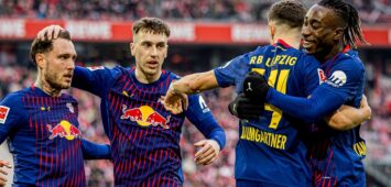 Jubel nach dem Tor zum 0:1 durch Leipzigs Christoph Baumgartner mit Yan Diomande, David Raum und Brajan Gruda. Fussball 1. Bundesliga, 21. Spieltag: 1. FC Koeln - RB Leipzig 1:2. 8. Februar 2026: Koeln, Rhein-Energie-Stadion. 1. FC Koeln - RB Leipzig 1:2 *** Cheers after the goal for 0 1 by Leipzigs Christoph Baumgartner with Yan Diomande, David Raum and Brajan Gruda Football 1 Bundesliga, Matchday 21 1 FC Koeln RB Leipzig 1 2 8 February 2026 Koeln, Rhein Energie Stadion 1 FC Koeln RB Leipzig 1 2