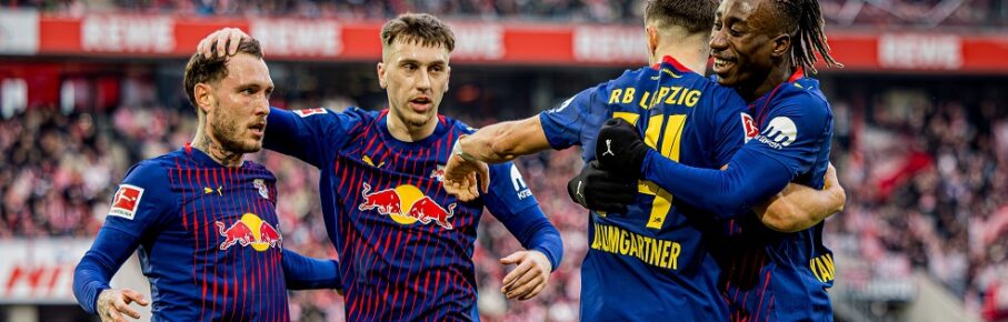 Jubel nach dem Tor zum 0:1 durch Leipzigs Christoph Baumgartner mit Yan Diomande, David Raum und Brajan Gruda. Fussball 1. Bundesliga, 21. Spieltag: 1. FC Koeln - RB Leipzig 1:2. 8. Februar 2026: Koeln, Rhein-Energie-Stadion. 1. FC Koeln - RB Leipzig 1:2 *** Cheers after the goal for 0 1 by Leipzigs Christoph Baumgartner with Yan Diomande, David Raum and Brajan Gruda Football 1 Bundesliga, Matchday 21 1 FC Koeln RB Leipzig 1 2 8 February 2026 Koeln, Rhein Energie Stadion 1 FC Koeln RB Leipzig 1 2