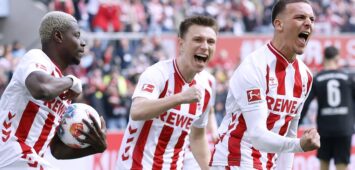 EL MALA Said Team 1.FC Koeln jubelt nach seinem Tor zum 1 : 1 mit ACHE Ragnar und LUND Kristoffer DFL Bundesliga Saison 2025 - 2026 BL Spiel 1.FC Koeln - Borussia Moenchengladbach 3 : 3 am 21. 03. 2026 in Koeln DFL REGULATIONS PROHIBIT ANY USE OF PHOTOGRAPHS as IMAGE SEQUENCES and/or QUASI-VIDEO *** EL MALA Said Team 1 FC Koeln cheers after his goal to 1 1 with ACHE Ragnar and LUND Kristoffer DFL Bundesliga Saison 2025 2026 BL Spiel 1 FC Koeln Borussia Moenchengladbach 3 3 am 21 03 2026 in Koeln DFL REGULATIONS PROHIBIT ANY USE OF PHOTOGRAPHS as IMAGE SEQUENCES and or QUASI VIDEO Copyright: xLacixPerenyix