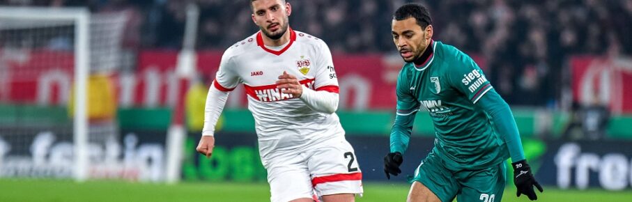 Deniz Undav 26 VFB Stuttgart und Alexis Julian Claude Maurice 20 FC Augsburg in Aktion beim DFB Pokalspiel VFB Stuttgart - FC Augsburg am 04.02.2025 in Stuttgart. ***DFL and DFB regulations prohibit any use of photographs as image sequences and/or quasi-video.*** Stuttgart MHP Arena Baden Württemberg Deuschland *** Deniz Undav 26 VFB Stuttgart and Alexis Julian Claude Maurice 20 FC Augsburg in action at the DFB Cup match VFB Stuttgart FC Augsburg on 04 02 2025 in Stuttgart DFL and DFB regulations prohibit any use of photographs as image sequences and or quasi video Stuttgart MHP Arena Baden Württemberg Deuschland