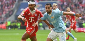 Serge GNABRY FC Bayern Muenchen, Aktion,Zweikampf gegen Livan BURCU Union Berlin. Fussball 1. Bundesliga Saison 2025/2026, 27.Spieltag, Spieltag27 FC Bayern Muenchen - 1.FC Union Berlin 4-0 am 21.03.2026 , A L L I A N Z A R E N A. *** Serge GNABRY FC Bayern Muenchen , Action,duel against Livan BURCU Union Berlin Football 1 Bundesliga Season 2025 2026, 27 Matchday, Matchday27 FC Bayern Muenchen 1 FC Union Berlin 4 0 on 21 03 2026 , A L L I A N Z A R E N A