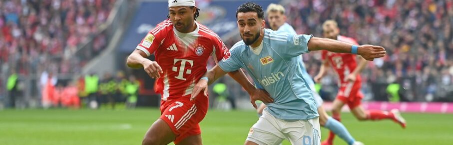 Serge GNABRY FC Bayern Muenchen, Aktion,Zweikampf gegen Livan BURCU Union Berlin. Fussball 1. Bundesliga Saison 2025/2026, 27.Spieltag, Spieltag27 FC Bayern Muenchen - 1.FC Union Berlin 4-0 am 21.03.2026 , A L L I A N Z A R E N A. *** Serge GNABRY FC Bayern Muenchen , Action,duel against Livan BURCU Union Berlin Football 1 Bundesliga Season 2025 2026, 27 Matchday, Matchday27 FC Bayern Muenchen 1 FC Union Berlin 4 0 on 21 03 2026 , A L L I A N Z A R E N A