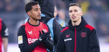 Arthur und Alejandro Grimaldo von Bayer Leverkusen