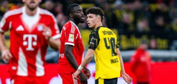 Dayot Upamecano vom FC Bayern und Samuele Inacio vom BVB