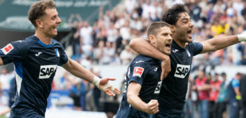 Tor zum 2:1 durch Andrej Kramaric TSG 1899 Hoffenheim, 27 Elfmeter, Strafstoss nach Handspiel. Jubel, Torjubel, bejubelt sein Tor mit Ozan Kabak TSG 1899 Hoffenheim, 05. Fisnik Asllani TSG 1899 Hoffenheim, 11 GER, TSG 1899 Hoffenheim vs. Borussia Dortmund, Fussball, Herren, 1. Bundesliga, 30. Spieltag, Spielzeit 2025/2026, 18.04.2026, DFL/DFB REGULATIONS PROHIBIT ANY USE OF PHOTOGRAPHS AS IMAGE SEQUENCES AND/OR QUASI-VIDEO, GER, TSG 1899 Hoffenheim vs. Borussia Dortmund, Fussball, Herren, 1. Bundesliga, 30. Spieltag, Spielzeit 2025/2026, 18.04.2026 Sinsheim *** Goal for 2 1 by Andrej Kramaric TSG 1899 Hoffenheim, 27 penalty, penalty kick after handball cheers, goal celebration, celebrates his goal with Ozan Kabak TSG 1899 Hoffenheim, 05 Fisnik Asllani TSG 1899 Hoffenheim, 11 GER, TSG 1899 Hoffenheim vs Borussia Dortmund, Football, Men, 1 Bundesliga, Matchday 30, Season 2025 2026, 18 04 2026, DFL DFB REGULATIONS PROHIBIT ANY USE OF PHOTOGRAPHS AS IMAGE SEQUENCES AND OR QUASI VIDEO, GER, TSG 1899 Hoffenheim vs Borussia Dortmund, Football, Men, 1 Bundesliga, Matchday 30, Season 2025 2026, 18 04 2026 Sinsheim Copyright: xEibner-Pressefoto/WolfgangxFrankx EP_WFK