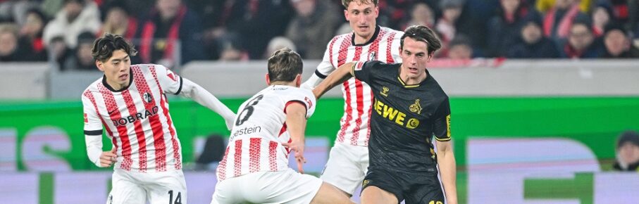 Yuito Suzuki SC Freiburg, Maximilian Eggestein SC Freiburg, Patrick Osterhage SC Freiburg und Jakub KamiÅ ski 1. FC Köln im Zweikampf waehrend des spiels der Bundesliga zwischen Club Freiburg und 1. FC Köln, Europa-Park Stadion am 25. January 2026 in Freiburg, Deutschland. Foto von Harry Langer/DeFodi Images  Yuito Suzuki SC Freiburg, Maximilian Eggestein SC Freiburg, Patrick Osterhage SC Freiburg und Jakub KamiÅ ski 1. FC Köln battle for the ball during the Bundesliga match between Sport-Club Freiburg and 1. FC Köln at Europa-Park Stadion on January 25, 2026 in Freiburg, Germany. Photo by Harry Langer/DeFodi Images DFL regulations prohibit any use of photographs as image sequences and/or quasi-video. Photo by Harry Langer/DeFodi Images DFL regulations prohibit any use of photographs as image sequences and/or quasi-video. - *** Yuito Suzuki SC Freiburg , Maximilian Eggestein SC Freiburg , Patrick Osterhage SC Freiburg and Jakub KamiÅ ski 1 FC Köln battle for the ball during the Bundesliga match between Sport Club Freiburg and 1 FC Köln at Europa Park Stadion on January 25, 2026 in Freiburg, Germany Photo by Harry Langer DeFodi Images Yuito Suzuki SC Freiburg , Maximilian Eggestein SC Freiburg , Patrick Osterhage SC Freiburg and Jakub KamiÅ ski 1 FC Köln battle for the ball during the Bundesliga match between Sport Club Freiburg and 1 FC Köln at Europa Park Stadion on January 25, 2026 in Freiburg, Germany Photo by Harry Langer DeFodi Images DFL regulations prohibit any use of photographs as image sequences and or quasi video Photo by Harry Langer DeFodi Images DFL regulations prohibit any use of photographs as image sequences and or quasi video