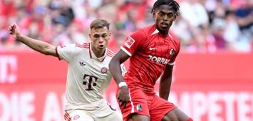 Fussball 1. Bundesliga Saison 2024/2025 02. Spieltag FC Bayern Muenchen - SC Freiburg 01.09.2024 Joshua Kimmich li, FC Bayern Muenchen gegen Junior Adamu re, SC Freiburg *** Soccer 1 Bundesliga Season 2024 2025 02 Matchday FC Bayern Muenchen SC Freiburg 01 09 2024 Joshua Kimmich left, FC Bayern Muenchen vs Junior Adamu right, SC Freiburg