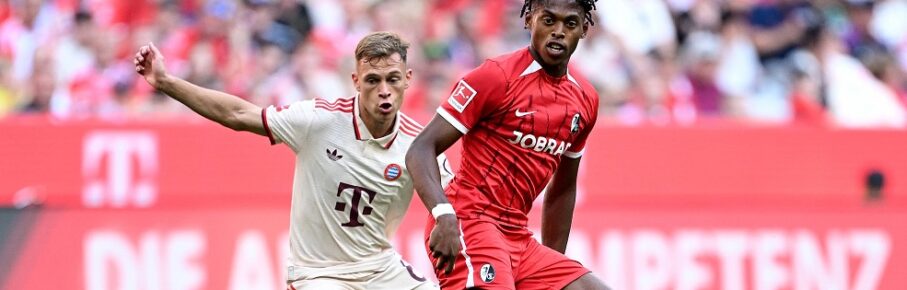 Fussball 1. Bundesliga Saison 2024/2025 02. Spieltag FC Bayern Muenchen - SC Freiburg 01.09.2024 Joshua Kimmich li, FC Bayern Muenchen gegen Junior Adamu re, SC Freiburg *** Soccer 1 Bundesliga Season 2024 2025 02 Matchday FC Bayern Muenchen SC Freiburg 01 09 2024 Joshua Kimmich left, FC Bayern Muenchen vs Junior Adamu right, SC Freiburg