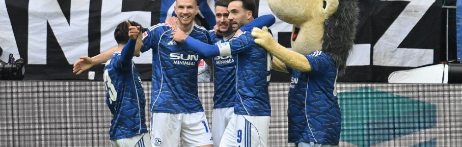 Jubel Soufiane El-Faouzi Schalke 04, Edin Dzeko FC Schalke 04, Dejan Ljubicic FC Schalke 04, Moussa Sylla FC Schalke 04, Maskottchen Erwin, v.li. 15.03.2026, Fussball 2. Bundesliga, Saison 2025/2026, 26. Spieltag, FC Schalke 04 - Hannover 96 2:2 DFL regulations prohibit any use of photographs as image sequences and/or quasi-video Gelsenkirchen Veltins Arena Nordrhein Westfalen Deutschland *** Cheers Soufiane El Faouzi Schalke 04 , Edin Dzeko FC Schalke 04 , Dejan Ljubicic FC Schalke 04 , Moussa Sylla FC Schalke 04 , Mascot Erwin, v li 15 03 2026, Soccer 2 Bundesliga, Season 2025 2026, 26 Matchday, FC Schalke 04 Hannover 96 2 2 DFL regulations prohibit any use of photographs as image sequences and or quasi video Gelsenkirchen Veltins Arena Nordrhein Westfalen Germany Team2