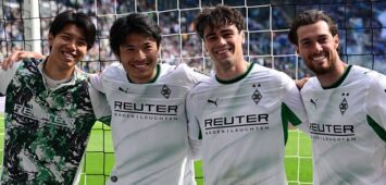 16.05.2026 Moenchengladbach Fussball, Herren, Saison 2025/2026, Borussia Moenchengladbach vs. TSG 1899 Hoffenheim v. li. Kota Takai Gladbach, Shuto Machino Gladbach, Giovanni Reyna Gladbach, Joe Scally Gladbach nach Spielende in der Fankurve DFL regulations prohibit any use of photographs as image sequences and/or quasi-video. Borussia-Park NRW Deutschland *** 16 05 2026 Moenchengladbach Fußball, Herren, Saison 2025 2026, Borussia Moenchengladbach vs TSG 1899 Hoffenheim v li Kota Takai Gladbach , Shuto Machino Gladbach , Giovanni Reyna Gladbach , Joe Scally Gladbach nach Spielende in der Fankurve DFL regulations prohibit any use of photographs as image sequences and or quasi video Borussia Park NRW Deutschland