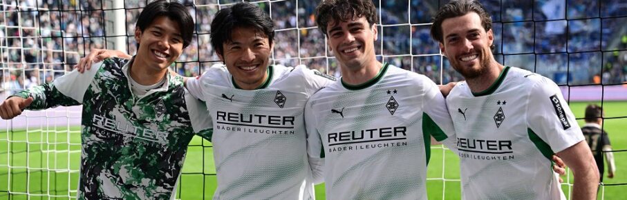 16.05.2026 Moenchengladbach Fussball, Herren, Saison 2025/2026, Borussia Moenchengladbach vs. TSG 1899 Hoffenheim v. li. Kota Takai Gladbach, Shuto Machino Gladbach, Giovanni Reyna Gladbach, Joe Scally Gladbach nach Spielende in der Fankurve DFL regulations prohibit any use of photographs as image sequences and/or quasi-video. Borussia-Park NRW Deutschland *** 16 05 2026 Moenchengladbach Fußball, Herren, Saison 2025 2026, Borussia Moenchengladbach vs TSG 1899 Hoffenheim v li Kota Takai Gladbach , Shuto Machino Gladbach , Giovanni Reyna Gladbach , Joe Scally Gladbach nach Spielende in der Fankurve DFL regulations prohibit any use of photographs as image sequences and or quasi video Borussia Park NRW Deutschland