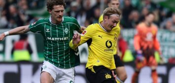 Bremen, Germany, 16.05.26, Jens Stage Werder Bremen und Julian Brandt Borussia Dortmund im Zweikampf während des Spiels der 1. Bundesliga zwischen Werder Bremen - Borussia Dortmund im Weserstadion in Bremen. Photo by Joachim Bywaletz / DFB / DFL REGULATIONS PROHIBIT ANY USE OF PHOTOGRAPHS AS IMAGE SEQUENCES AND/OR QUASI-VIDEO. *** Bremen, Germany, 16 05 26, Jens Stage Werder Bremen and Julian Brandt Borussia Dortmund in a duel during the match of the 1 Bundesliga between Werder Bremen Borussia Dortmund at Weserstadion in Bremen Photo by Joachim Bywaletz DFB DFL REGULATIONS PROHIBIT ANY USE OF PHOTOGRAPHS AS IMAGE SEQUENCES AND OR QUASI VIDEO Copyright: JoachimxBywaletz/xJB-Sportfoto
