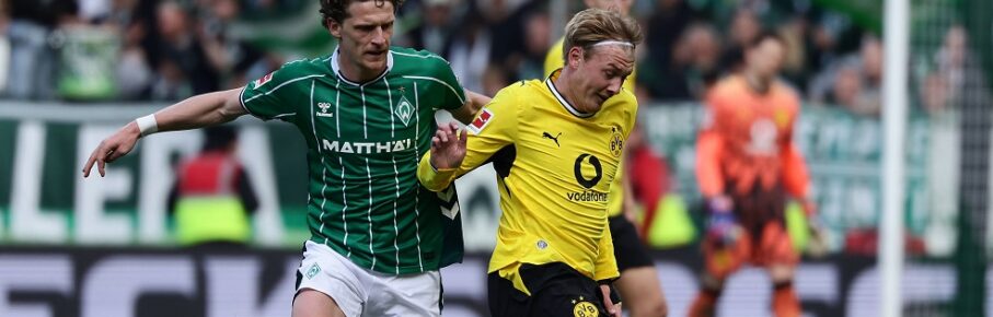 Bremen, Germany, 16.05.26, Jens Stage Werder Bremen und Julian Brandt Borussia Dortmund im Zweikampf während des Spiels der 1. Bundesliga zwischen Werder Bremen - Borussia Dortmund im Weserstadion in Bremen. Photo by Joachim Bywaletz / DFB / DFL REGULATIONS PROHIBIT ANY USE OF PHOTOGRAPHS AS IMAGE SEQUENCES AND/OR QUASI-VIDEO. *** Bremen, Germany, 16 05 26, Jens Stage Werder Bremen and Julian Brandt Borussia Dortmund in a duel during the match of the 1 Bundesliga between Werder Bremen Borussia Dortmund at Weserstadion in Bremen Photo by Joachim Bywaletz DFB DFL REGULATIONS PROHIBIT ANY USE OF PHOTOGRAPHS AS IMAGE SEQUENCES AND OR QUASI VIDEO Copyright: JoachimxBywaletz/xJB-Sportfoto