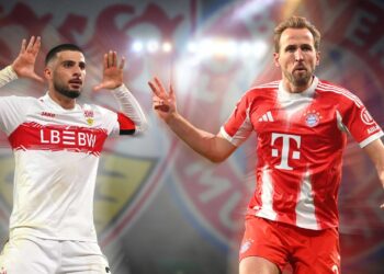 Deniz Undav vom VfB Stuttgart und Harry Kane vom FC Bayern München