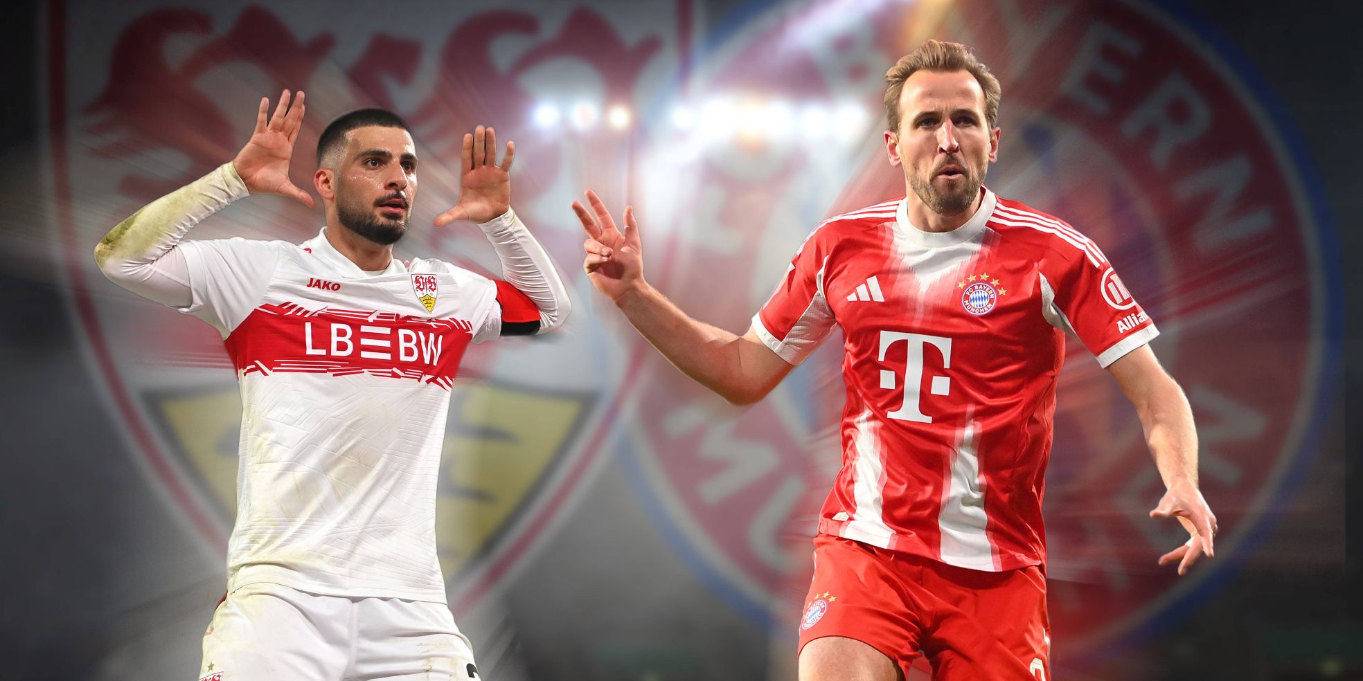 Deniz Undav vom VfB Stuttgart und Harry Kane vom FC Bayern München