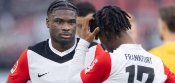 Eintracht Frankfurt - 1. FC Union Berlin, 1. FBL Eric-Junior Dina Ebimbe Eintracht Frankfurt, 26 diskutiert mit Elye Wahi Eintracht Frankfurt, 17. Bundesligaspiel zwischen Eintracht Frankfurt und dem 1. FC Union Berlin am 9. März 2025 im Deutsche Bank Park in Frankfurt am Main., Frankfurt am Main Hessen Deutschland Deutsche Bank Park *** Eintracht Frankfurt 1 FC Union Berlin, 1 FBL Eric Junior Dina Ebimbe Eintracht Frankfurt, 26 discusses with Elye Wahi Eintracht Frankfurt, 17 Bundesliga match between Eintracht Frankfurt and 1 FC Union Berlin on March 9, 2025 at Deutsche Bank Park in Frankfurt am Main , Frankfurt am Main Hessen Germany Deutsche Bank Park