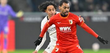 Moenchengladbach, Borussia Park, 11.01.26, GER, Herren, 1.Bundesliga, Saison 2025-2026, Borussia Moenchengladbach - FC Augsburg Bild: v.li. im Zweikampf Wael MOHYA Gladbach und Alexis CLAUDE-MAURICE Augsburg DFL regulations prohibit any use of photographs as image sequences and/or quasi-video. Nordrhein-Westfalen Deutschland *** Moenchengladbach, Borussia Park, 11 01 26, GER, Men, 1 Bundesliga, Season 2025 2026, Borussia Moenchengladbach FC Augsburg Picture from left in duel Wael MOHYA Gladbach and Alexis CLAUDE MAURICE Augsburg DFL regulations prohibit any use of photographs as image sequences and or quasi video Nordrhein Westfalen Germany