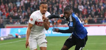 Fabio Balde vom HSV und Jamie Leweling vom VfB Stuttgart