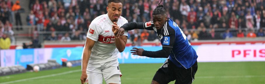 Fabio Balde vom HSV und Jamie Leweling vom VfB Stuttgart