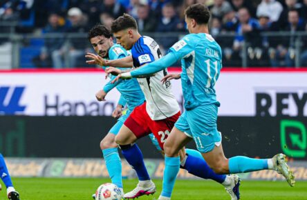 Nicolai Remberg vom HSV, Leon Avdullahu und Fisnik Asllani vn der TSG Hoffenheim