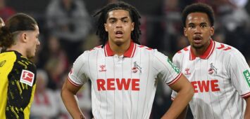 Jahmai Simpson-Pusey 1. FC Koeln, Youssoupha Niang 1. FC Koeln, Eric Martel 1. FC Koeln und Rav van den Berg 1. FC Koeln schauen waehrend des Spiels der Bundesliga zwischen dem 1. FC Köln und Borussia Dortmund, RheinEnergieSTADION am 07. March 2026 in Köln, Deutschland. Foto von Ralf Treese/DeFodi Images  Jahmai Simpson-Pusey 1. FC Koeln, Youssoupha Niang 1. FC Koeln, Eric Martel 1. FC Koeln und Rav van den Berg 1. FC Koeln look on during the Bundesliga match between 1. FC Köln and Borussia Dortmund at RheinEnergieSTADION on March 7, 2026 in Köln, Germany. Photo by Ralf Treese/DeFodi Images DFL regulations prohibit any use of photographs as image sequences and/or quasi-video. Photo by Ralf Treese/DeFodi Images - *** Jahmai Simpson Pusey 1 FC Koeln , Youssoupha Niang 1 FC Koeln , Eric Martel 1 FC Koeln and Rav van den Berg 1 FC Koeln look on during the Bundesliga match between 1 FC Köln and Borussia Dortmund at RheinEnergieSTADION on March 07, 2026 in Cologne, Germany Photo by Ralf Treese DeFodi Images Jahmai Simpson Pusey 1 FC Koeln , Youssoupha Niang 1 FC Koeln , Eric Martel 1 FC Koeln and Rav van den Berg 1 FC Koeln look on during the Bundesliga match between 1 FC Köln and Borussia Dortmund at RheinEnergieSTADION on March 7, 2026 in Köln, Germany Photo by Ralf Treese DeFodi Images DFL regulations prohibit any use of photographs as image sequences and or quasi video Photo by Ralf Treese DeFodi Images